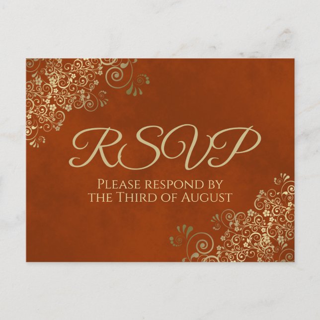 Elegant Gold Frills on Rust Orange Wedding RSVP Postkarte (Vorderseite)