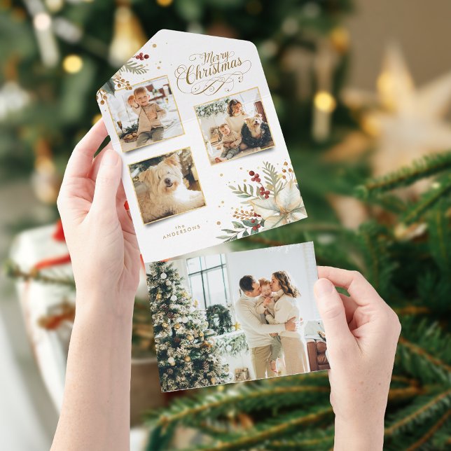 Elegant Gold Frohe Weihnachten Botanisches 3-Foto All In One Einladung (Von Creator hochgeladen)