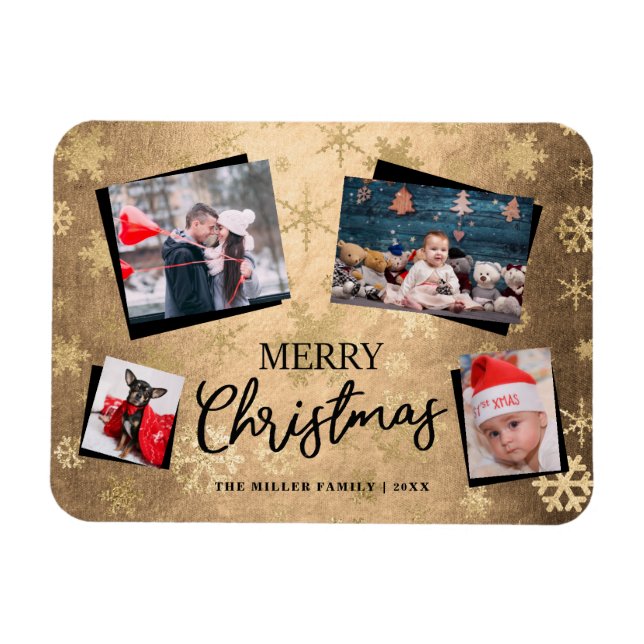 Elegant Gold Frohe Weihnachten Custom Foto Collage Magnet (Horizontal)
