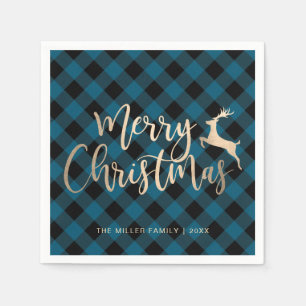 Elegant Gold Frohe Weihnachten Schwarz & Blau Kari Serviette