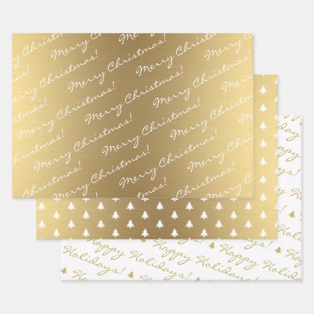 Elegant Gold Frohe Weihnachts-Happy Holidays Text Geschenkpapier Set (Set)