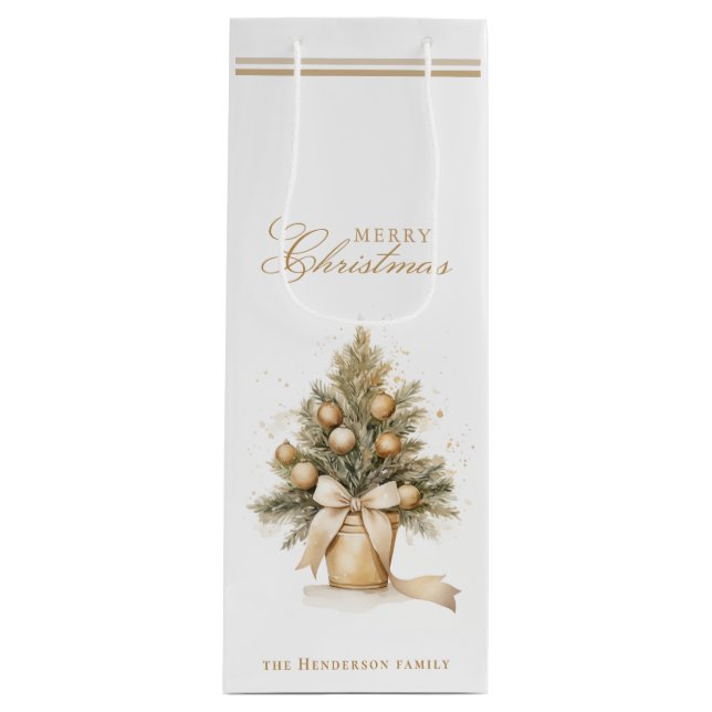 Elegant Gold Frohe Weihnachtsbaum Individuelle Nam Geschenktüte Für Weinflaschen (Vorderseite)