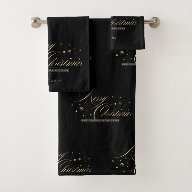 Elegant Gold Frohe Weihnachtsschrift Schwarz Badhandtuch Set (Insitu)
