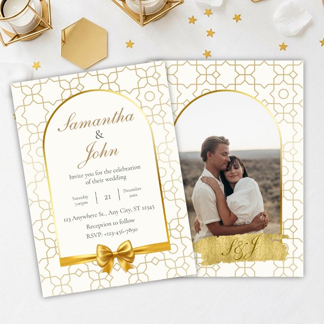 Elegant Gold Geometric Arch Photo Back Wedding Einladung (Gold & Ivory Geometric Art Deco Wedding Invitation)