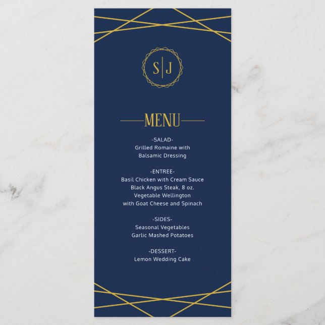 Elegant Gold Geometric | Dark Blue Wedding Menu Menükarte (Vorderseite)