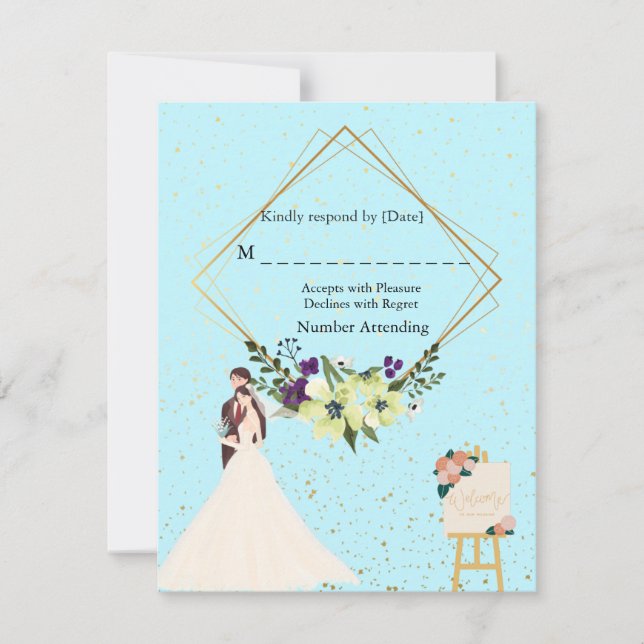 Elegant Gold Geometric Dusty Blue RSVP Card Karte (Vorderseite)