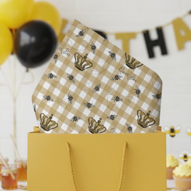 Elegant Gold Gingham Royal Queen Bee Pattern Seidenpapier (Gold and White Gingham with Vintage Gold Crown and Bees Pattern Birthday Tissue Paper for Her.)