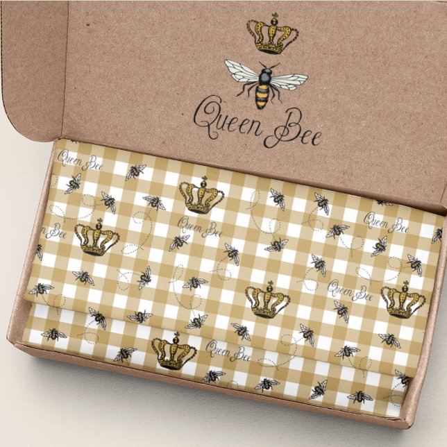 Elegant Gold Gingham Royal Queen Bee Pattern Seidenpapier (Elegant Gold Gingham Pattern with a Hand-Drawn Vintage Inspired Buzzing Queen Bee & her Royal Crown)