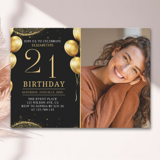 Elegant Gold Glitter Birthday 21th With Photo Einladung