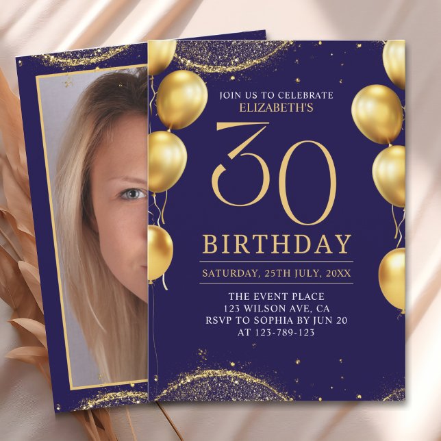 Elegant Gold Glitter Birthday 30th with Balloons Einladung (Von Creator hochgeladen)