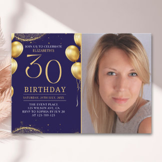 Elegant Gold Glitter Birthday 30th With Photo Einladung