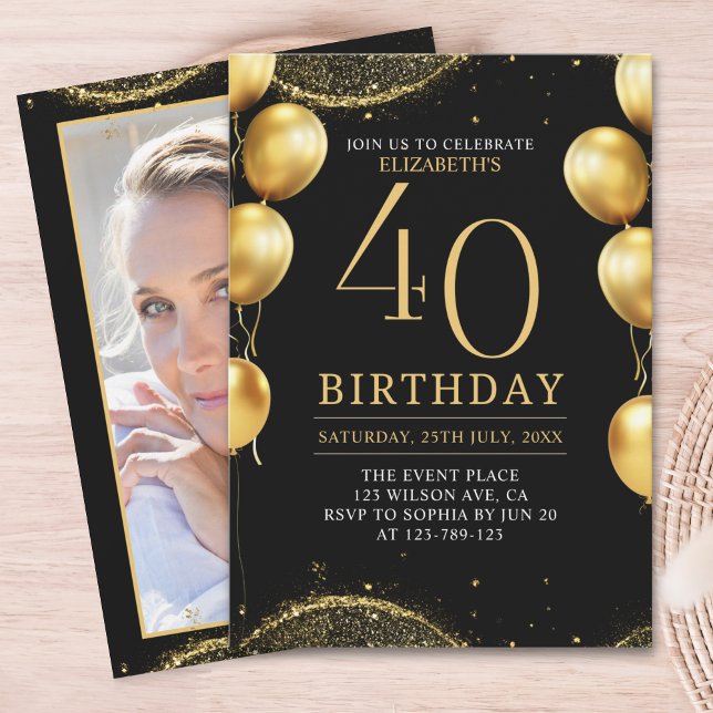Elegant Gold Glitter Birthday 40th with Balloons Einladung (Von Creator hochgeladen)