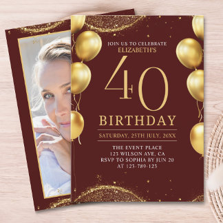 Elegant Gold Glitter Birthday 40th with Balloons Einladung