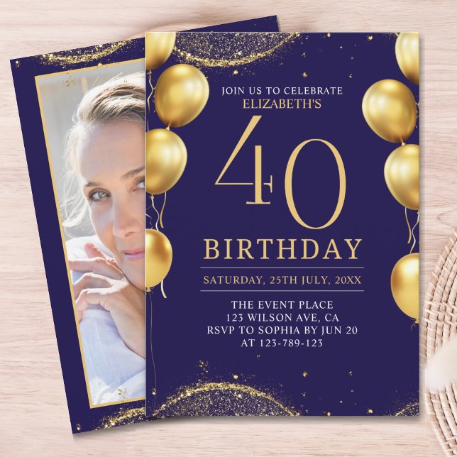 Elegant Gold Glitter Birthday 40th with Balloons Einladung (Von Creator hochgeladen)