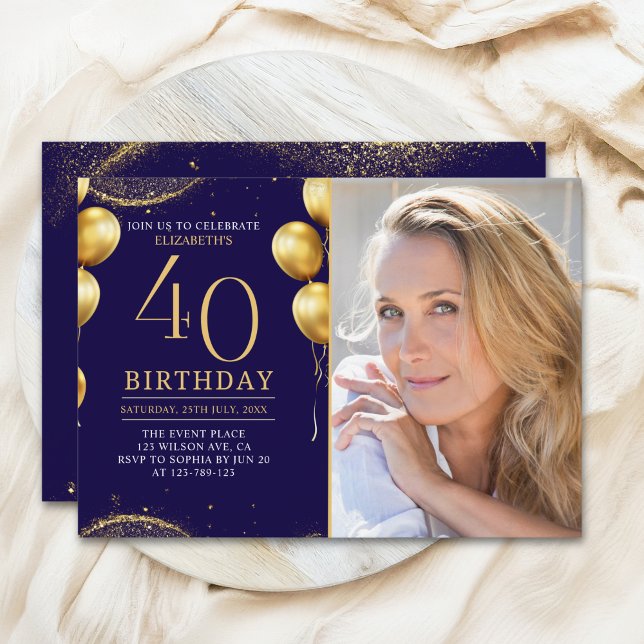 Elegant Gold Glitter Birthday 40th With Photo Einladung (Von Creator hochgeladen)