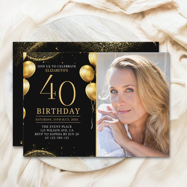 Elegant Gold Glitter Birthday 40th With Photo Einladung (Von Creator hochgeladen)