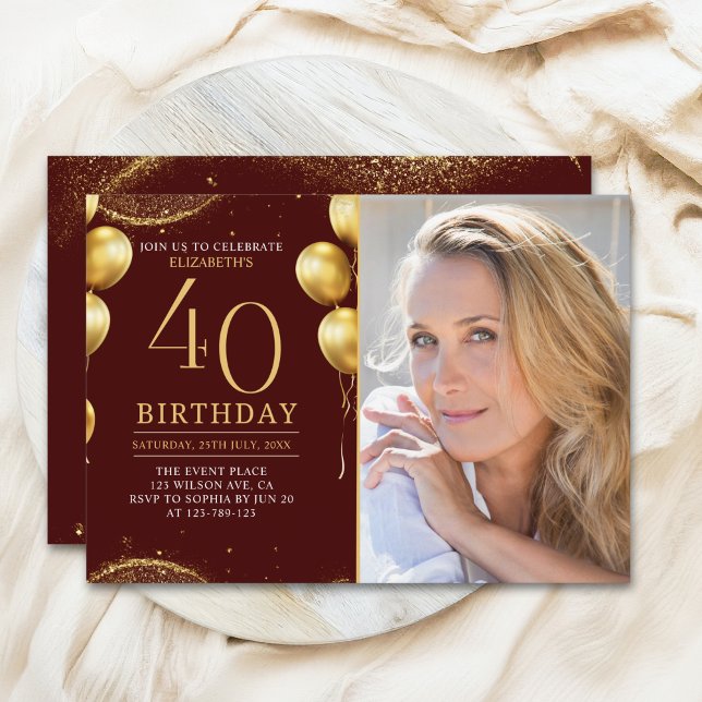 Elegant Gold Glitter Birthday 40th With Photo Einladung (Von Creator hochgeladen)