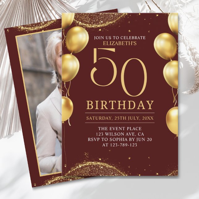 Elegant Gold Glitter Birthday 50th with Balloons Einladung (Von Creator hochgeladen)