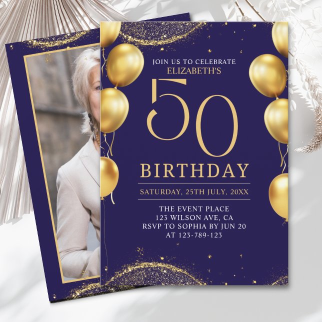 Elegant Gold Glitter Birthday 50th with Balloons Einladung (Von Creator hochgeladen)