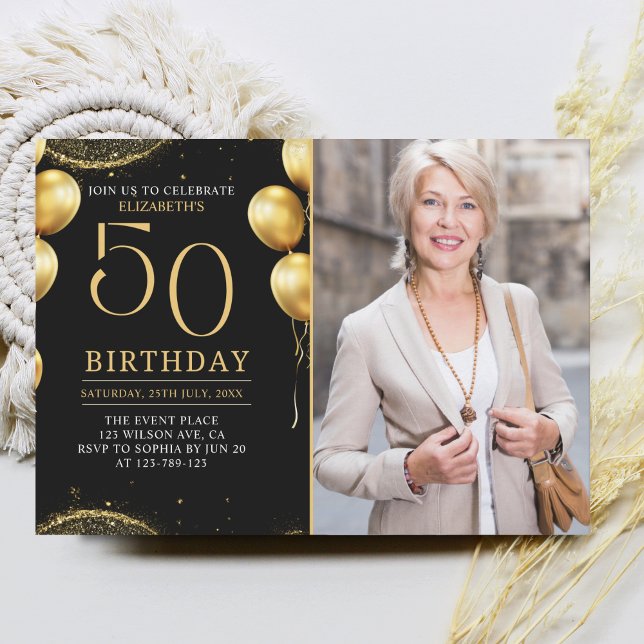 Elegant Gold Glitter Birthday 50th With Photo Einladung (Von Creator hochgeladen)