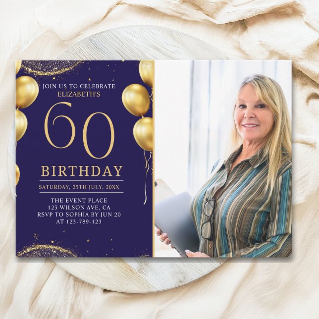 Elegant Gold Glitter Birthday 60th With Photo Einladung (Von Creator hochgeladen)