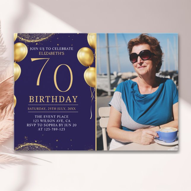 Elegant Gold Glitter Birthday 70th With Photo Einladung (Von Creator hochgeladen)