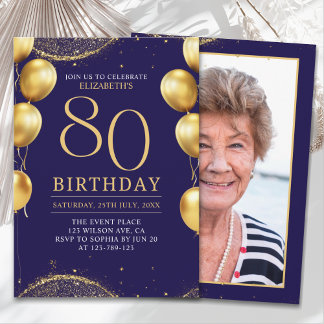 Elegant Gold Glitter Birthday 80th with Ballons Einladung