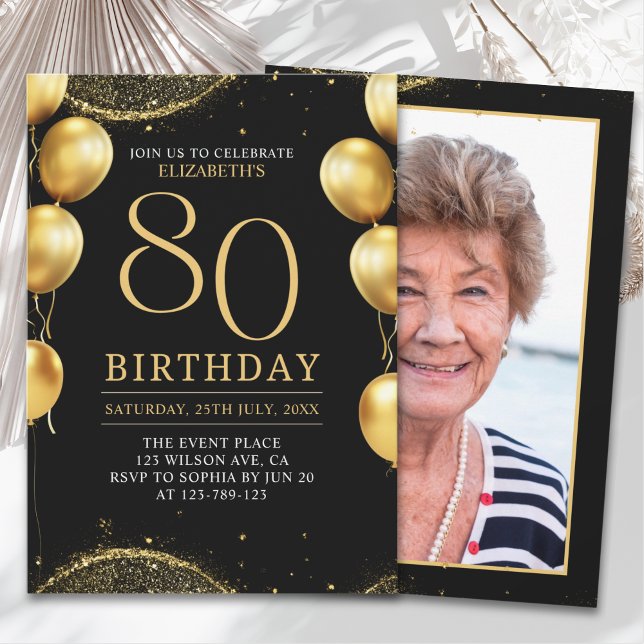  Elegant Gold Glitter Birthday 80th with Ballons Einladung (Von Creator hochgeladen)