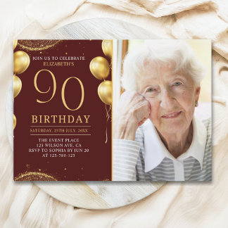 Elegant Gold Glitter Birthday 90th With Photo Einladung