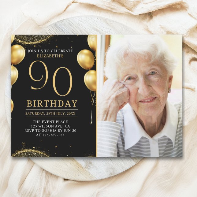 Elegant Gold Glitter Birthday 90th With Photo Einladung (Von Creator hochgeladen)
