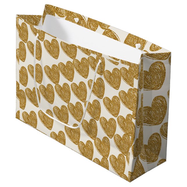 Elegant Gold Glitter Heart Wrapping Paper Große Geschenktüte (Vorderseite Schrägansicht)