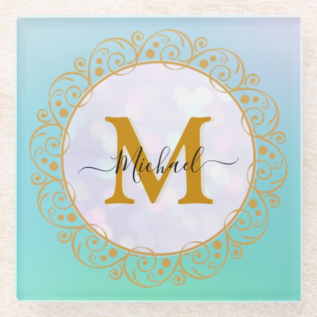 Elegant Gold Glitter Initial & Name Glasuntersetzer (Vorderseite)