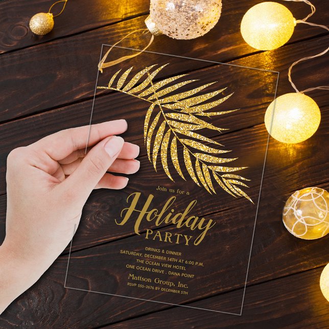 Elegant Gold Glitter Palm Holiday Christmas Acryleinladungen (Elegant gold faux glitter palm fronds clear ACRYLIC holiday Christmas party invitations)