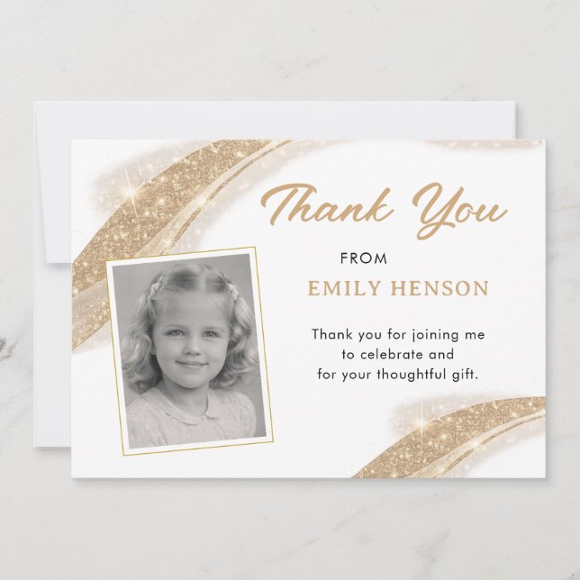 Elegant Gold Glitter Photo Birthday Dankeskarte (Vorderseite)
