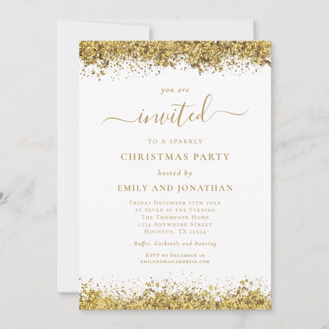 Elegant Gold Glitter Script Christmas Party Einladung (Vorderseite)