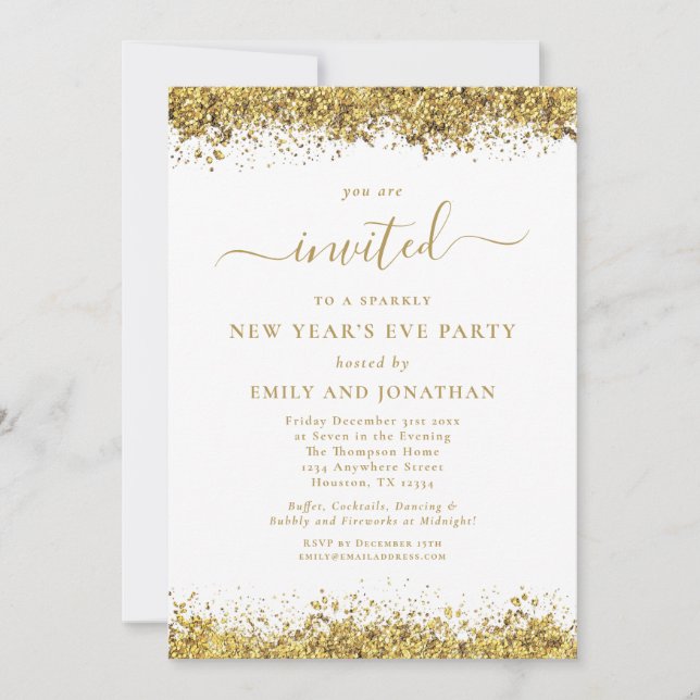 Elegant Gold Glitter Script New Years Eve Party Einladung (Vorderseite)