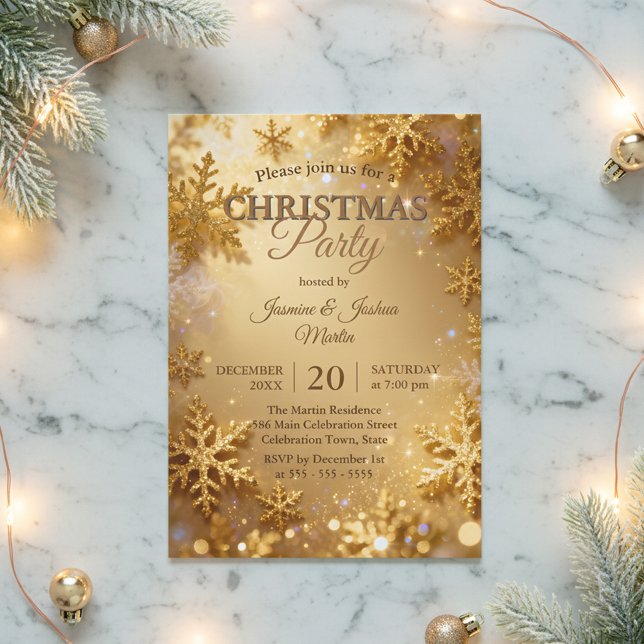 Elegant Gold Glitter Snowflake Christmas Party Einladung (Von Creator hochgeladen)