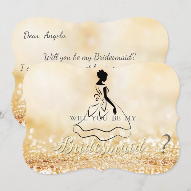 Elegant Gold Glittery Bokeh, Silhouette Bridesmaid Einladung (Vorne/Hinten)