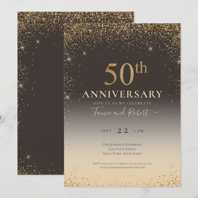 Elegant Gold Glitzer Ballon 50 Jahre Jubiläum Einladung (Vorne/Hinten)