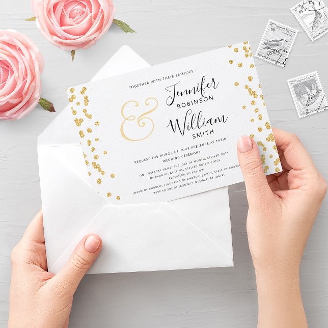 Elegant Gold Glitzer Confetti Script Wedding Einladung (Elegant Gold Glitter Confetti Script Wedding Invitation)
