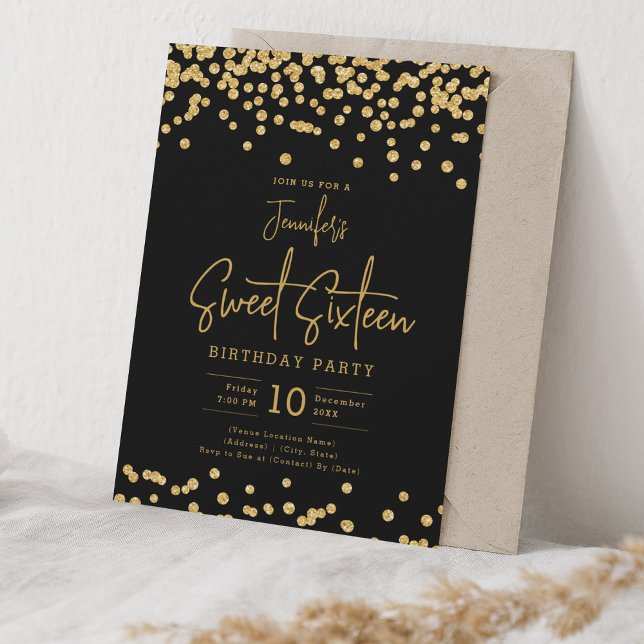 Elegant Gold Glitzer Confetti Sweet 16 Party Black Einladung (Von Creator hochgeladen)