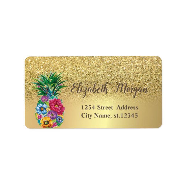 Elegant Gold Glitzer Ombre Floral Ananas Adressaufkleber (Vorne)