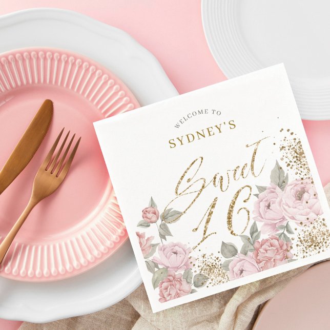 Elegant Gold Glitzer Peony Florals Sweet 16 Gefall Serviette (Von Creator hochgeladen)