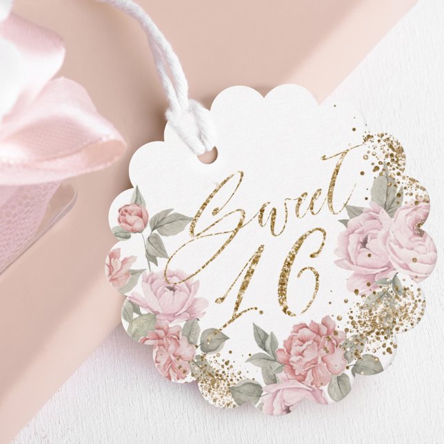 Elegant Gold Glitzer Peony Florals Sweet 16 Geschenkanhänger (Von Creator hochgeladen)