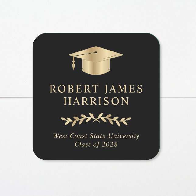 Elegant Gold Grad Cap Black Abschluss Quadratischer Aufkleber (Von Creator hochgeladen)
