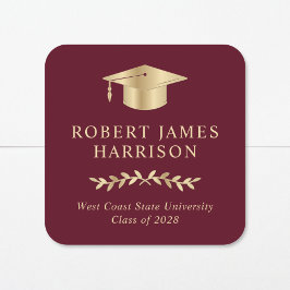 Elegant Gold Grad Cap Burgundy Red Abschluss Quadratischer Aufkleber