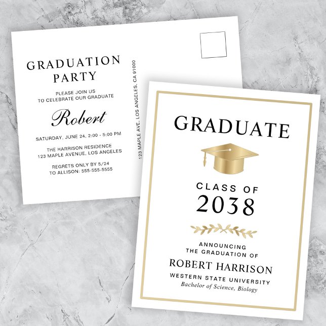 Elegant Gold Grad Cap Uni-Abschluß Party Einladungspostkarte (An elegant college graduation party invitation postcard to celebrate the graduate's achievements)