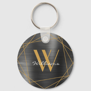 Elegant Gold Gray Monogram Name Script Geometric Schlüsselanhänger