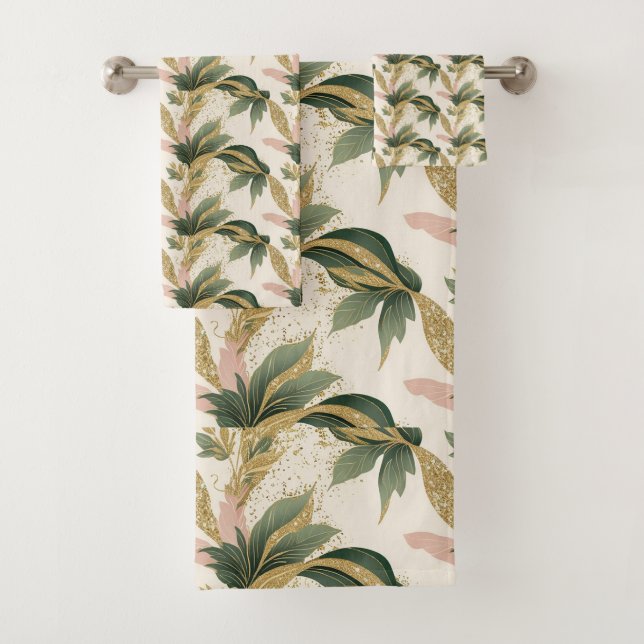 Elegant Gold & Green Botanical Leaf Pattern Badhandtuch Set (Insitu)