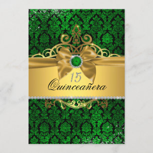 Elegant Gold Green Damask Quinceanera Einladung